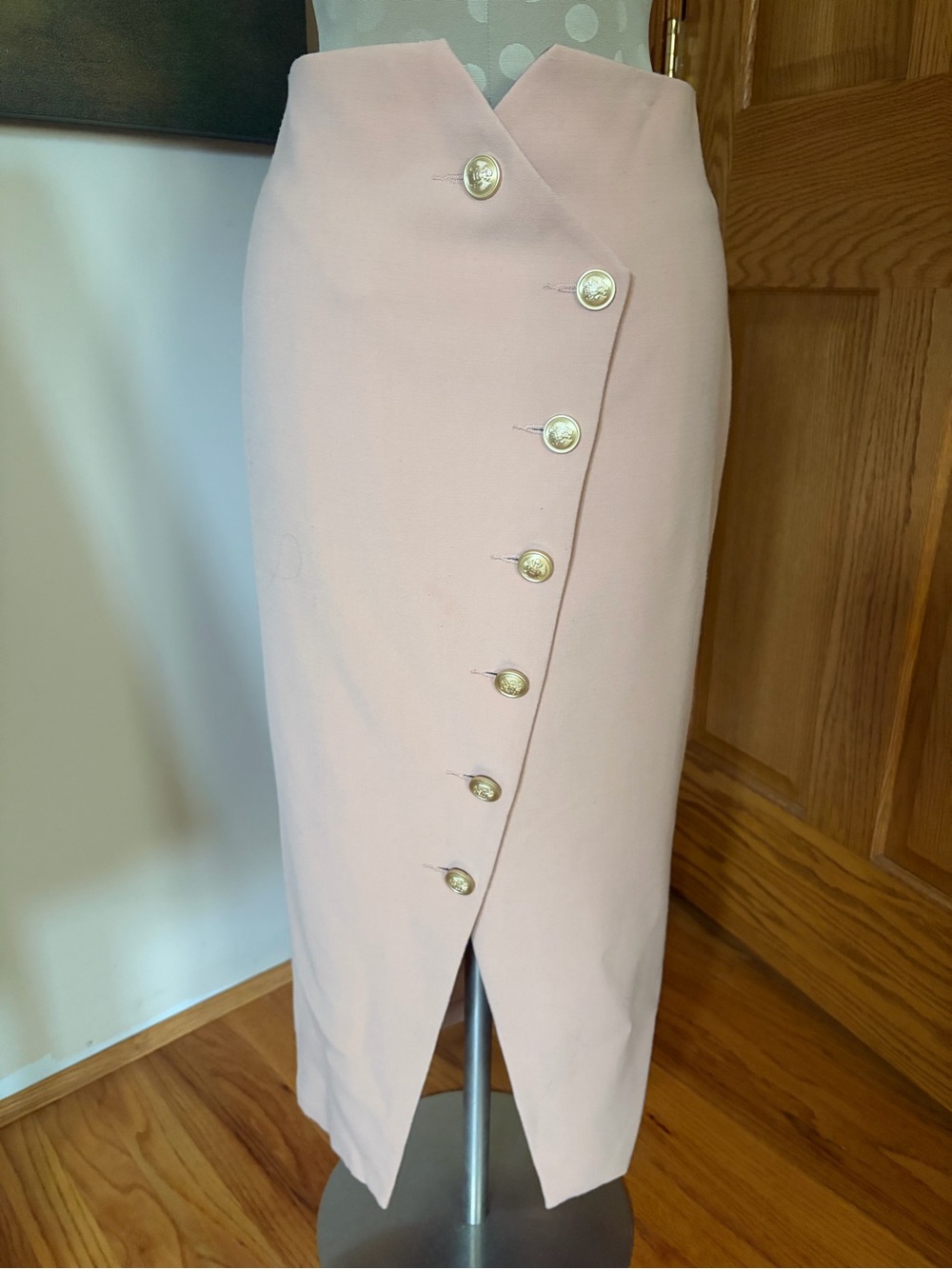 Gianni Bini Blush Pink Wrap Pencil Skirt with Gold Buttons